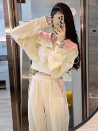 Women's Two Piece Pants Korean Fashion Hoodie Wide Leg Two-piece Set Women Sweet Cool Contrast Colour Chic Spring Female Casual Sports Suit