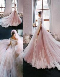 2019 Vintage Blush Pink Princess ALine Wedding Dresses Off Shoulders Cap Sleeves Lace Appliques Luxury Bridal Gowns Plus Size3783353