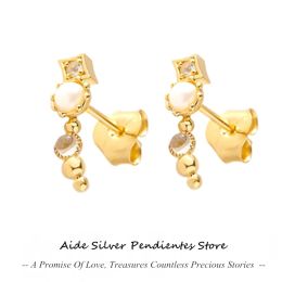 Earrings AIDE 100% 925 Sterling Silver Single Row Pearl Earring Gold Colour Wedding Jewellery Accessories Trendy Piercing Earrings For Women