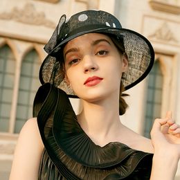 Retro British top hat, basin hat, European and American elegant polka dot linen hat, evening dress, banquet girl hat