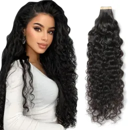 Extensions Curly Tape In Human Hair Extensions For Black Women Seamless Double Sided PU Skin Weft Remy #1B Natural Color Ends High Density