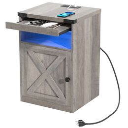 HOSEOKA Charging Station, Cabinet Pull-out Tray, Farmhouse Side LED Lights, Bedside Storage End Table with USB Port and Bedroom Socket