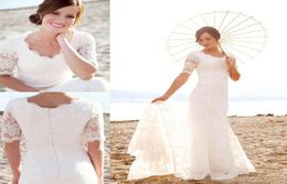 Waishidress Round Neck Mermaid Wedding Dresses Short Sleeves Lace Appliques Floor Length Summer Beach Bridal Gown9712589