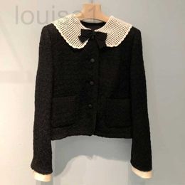 Women's Knits & Tees Designer Brand Miu Black Short Coat Hook Flower Doll Neck Thick Tweed Cardigan Set Small Top Winter New 40LX