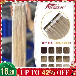 Extensions Moresoo Human Hair Extensions Tape in Remy Ash Blonde Highlight Hair Silky Straight Hair Extensions 100% Real Tape in Human Hair