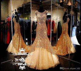 2020 Sheer Scoop Neck Prom Dresses With Tulle Train Sparkling Gold Sequined Mermaid Crystals Women Cheap Formal evening Pageant Dr6517148