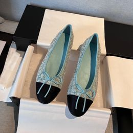 Denim blue Paris Luxury designer Black Ballet Flats Shoes sandals Women brands Bow Quilted Genuine Leather Slip on Ballerina Round Toe Ladies Dress Shoes