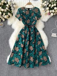 Party Dresses Spring Summer Fashion Temperament Vestidos Female Round Neck Retro Heavy Embroidery Lace Midi Dress GL111
