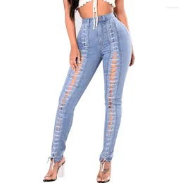 Women's Jeans Hollow Out Fashion Solid Sexy Casual Pencil Skinny 2024 Female High Waist Stretchy Lace Up Slim Denim Pants