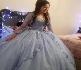 Princess Ice Blue Tulle Plus Size Ball Gown Quinceanera Dresses Beaded Sheer Long Sleeve Lace Applique Party Prom Debutante 15 Swe7737849