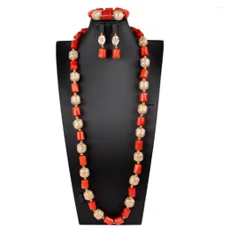 Necklace Earrings Set 1Row Orange Coral Bracelet Nigerian Dubai Wedding African Bridal Beads Jewelry For Women(Leaf)