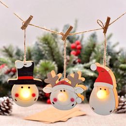 Party Decoration Ornaments Tree Lights Elk-Decor Hanging Light For Snowman-Pendants Wooden Cartoon Luminous Decor