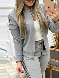 Women's Two Piece Pants Fashion Tracksuit Women Set Spring Clothing Plaid Patchwork Coat Top And Sets Casual 2 Womens Outfits