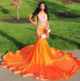 African American Orange Prom Dresses Mermaid V Neck Appliques Black Girls Nigeria Robe De Soiree Evening Dress Gown