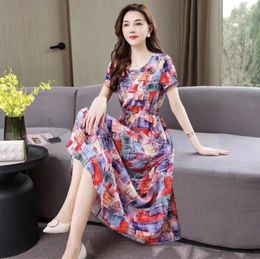 Party Dresses Dress Women Summer Middle-aged 2024 Cotton Silk Soft And Comfortable Round Neck Loose Waist Mid-length A-line