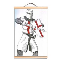 Unique Ancient Armor Warrior Scroll Posters with Solid Wood Axis Vintage Knights Templar Art Print Painting Military Fan Gifts CD20