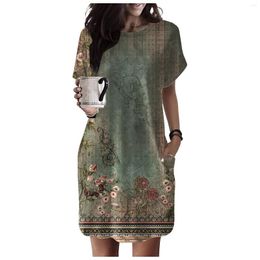 Casual Dresses Vintage Floral For Women 2024 Summer Short Sleeve Printing Tshirt Tunic Dress Loose Knee Length With Pockets Robe