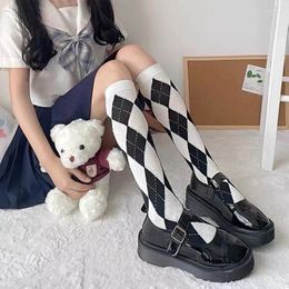 Women Socks Women's Cheque Pattern Cotton Warm JK Lolita Girls Student Plaid Rhombus Long Knee High Stockings Japan Fashion Hosiery