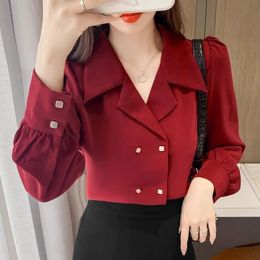 Spring Elegant Blouses Sexy Fashion Double Breasted Long Sleeve V Neck Vintage Shirt Top Bottom OL Casual Solid 240320