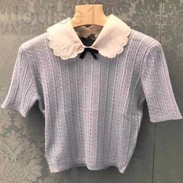 Women's T-shirt Designer Brand Miu Pullover Short Sleeved Thin Ice Silk Knitted Sweater with Studded Doll Neck Slim Fit Elastic Versatile Top for Summer New Style VFLA