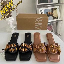 Cheap Store 90% Off Wholesale Za Womens Shoes Square Toe Open Flat Bottom Slippers Triangle Willow Nail Metal Buckle Decoration Beach for Outwear