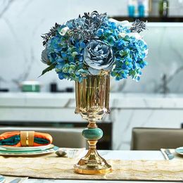 Vases Light Luxury Gold Metal Crystal Glass Vase European Model Room Living Table Top Decoration Set