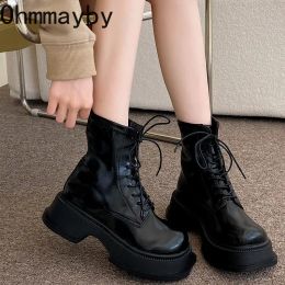 Boots New Winter Platform Women Short Boots Thick High Heels Woman Ankle Booties Women's Round Toe Lace Up 2022 Trend Female Shoes