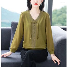 Women's T Shirts Spring Autumn 2024 Solid Colour V-Neck Heavy Industry Diamond Inlay Bow Fashion Loose Casual Long Sleeve Tops
