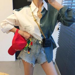 Women's Blouses SuperAen 2024 Korean Chic Spring Style Lapel Collar Contrast Panel Design Single Breasted Loose Denim Shirt