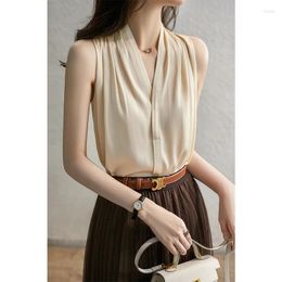 Women's Blouses Apricot V-neck Pleated Hanging Neck Sleeveless Shirt Female Summer Korean Temperament Fashion Simple Loose Draped Casual Blo