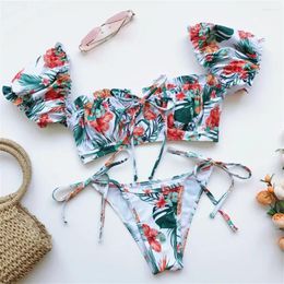 Women's Swimwear Sweet Floral Print Bikini Top Ruched Pleated Adjustable Strappy Swimsuit Trend Women Beachwear Bathing Suit Bikinis Set