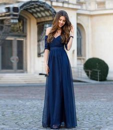 Navy Blue A Line Chiffon Bridesmaids Dresses V Neck Off the Shoulder Wedding Guest Dress With Sleeve Pleat Women039s Special Oc4958278