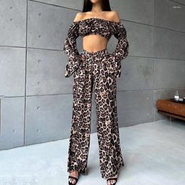 Women's Two Piece Pants Leopard Print Short Off-The-Shoulder Long Sleeve Top High Waist Straight Casual Two-Piece Set