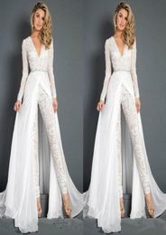 White Jumpsuits Prom Dresses Lace Deep V Neck Detachable Train Evening Party Gowns Cheap Long Sleeve Beach Special Occasion Pants 1012555