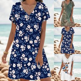 Casual Dresses Summer For Women 2024 Fashion Printed V Neck Short Sleeve Floral Print T-Shirt Dress Loose Beach