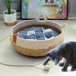 Cat Beds Furniture Rattan fabric cat bed with detachable interior durable sleeping room zero floor washable pet supplies summer Y240322