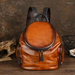 School Bags Vintage Women Genuine Leather Backpack Oilwax Cowhide Ladies Travel Retro Real Cow Double Shoulder Bag