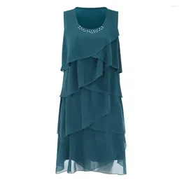 Casual Dresses Loose Fit Mini Dress Chic Layered Chiffon Sheath For Women O-neck With Drilling Decor Summer