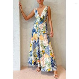 Casual Dresses Summer Women Bohemian Dress Fashion Elegant Sleeveless V Neck Corset Print Vacation Long Streetwear Y2K Clothes