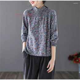 Ethnic Clothing 2024 Chinese Traditional T-shirt Woman National Flower Print Stand Collar Shirt Vintage Hanfu Tops Retro Base