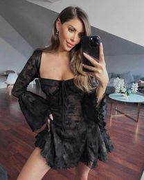 Lace Flare Sleeve High Waist Mini Dres Square Collar Low Cut Backless Pleated Dresses 2024 Sexy Fashion Party Club Robes 240314