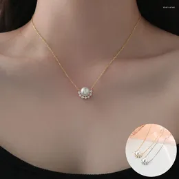 Chains 925 Sterling Silver Pearl Geometric Necklace For Women Girl Zircon Round Fine Chain Design Jewelry Party Gift Drop