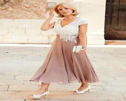 Modern Mother of the Bride Groom Dresses Country V neck Short Sleeves Lace Chiffon Ankle Length Evening Formal Gowns Plus size7246562