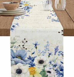 Table Cloth Spring Vintage Blue Floral Linen Runners Summer Plant Dresser Scarf Decor Farmhosue Party Kitchen Dining