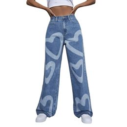 Jeans For Women Plus Size Streetwear Heart Prints Street Loose Cargo Pants Pockets Jeans Trousers High Waisted Stretch Jeans 240320