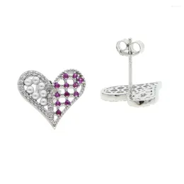 Stud Earrings Shiny Red Cz With White Pearl Heart For Women Ear Cuffs Pendientes Oorbellen Silver Gold Plated Color