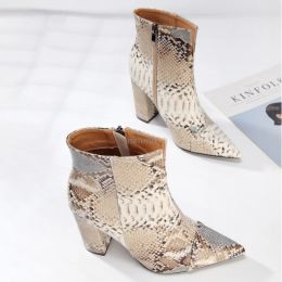 Boots 2022 Autumn Women Ankle White Snake Print Boots Shoes Chunky High Heels Fashion Booties Women's Single Boots Print For Ladies