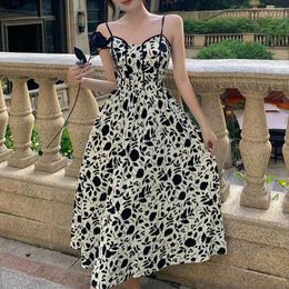 Casual Dresses Summer Midi Dress V-Neck Sleeveless Floral Print Sling High Waist Elegant Vintage Women Streetwear