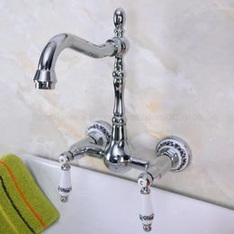 Bathroom Sink Faucets Polished Chrome Kitchen Basin Faucet Vessel Tap Mixer Dual Handles Wall Mounted Znf963