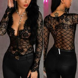 Women039s TShirt Mesh Top Women Sexy See Through Lace T Shirt Tops Black Hollow Out Sheer V Neck Transparent Slim Undershirt T1780703